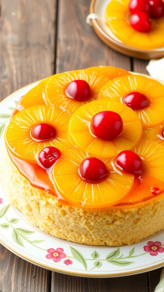 Air fryer upside down pineapple cake with caramelized pineapple and cherries on a rustic table.